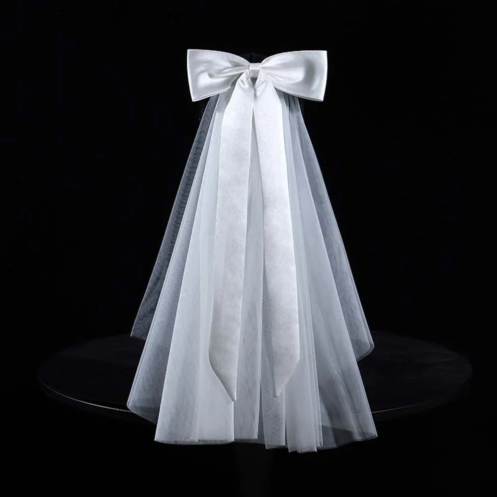 Beautiful Shawl Long Satin Bow Veil Romantic Soft Tulle Bride's White Headgear Soft Single Layer Bridal Headdress Church