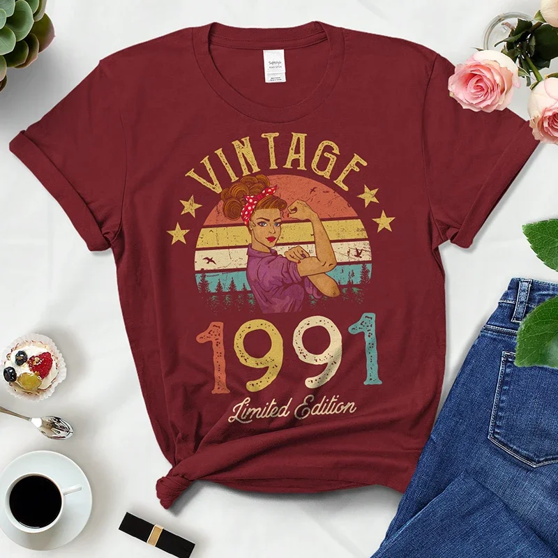 Kaus wanita edisi terbatas Vintage 1991 Retro 33nd atasan Fashion wanita hadiah pesta ulang tahun 33 tahun