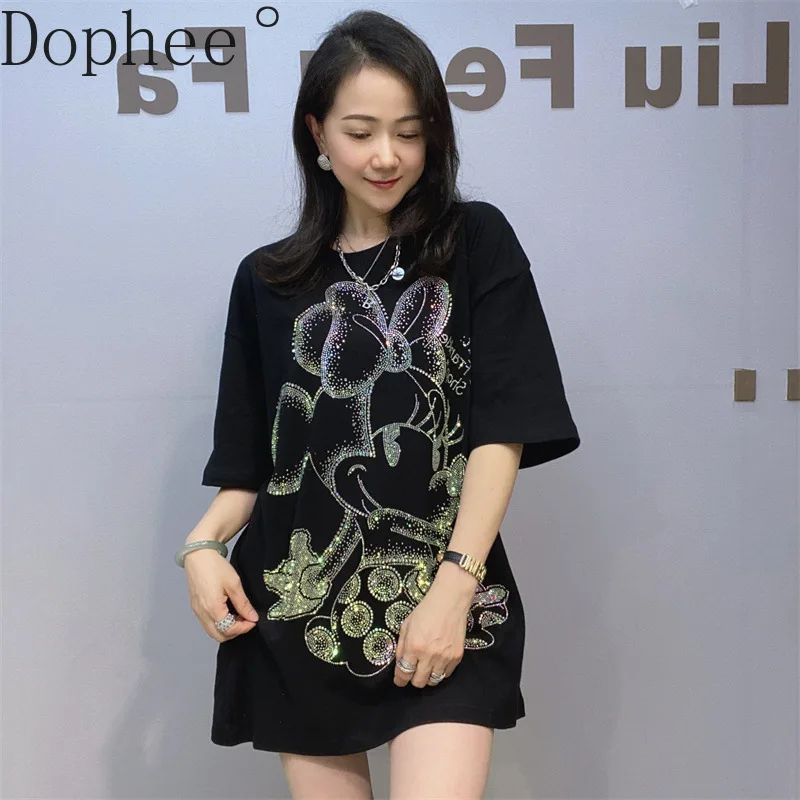 All-match New Spring Summer Short Sleeve T-shirt Hot Drilling Women O-neck Pullover Top Mid-length Diamonds Casual Cotton Tees