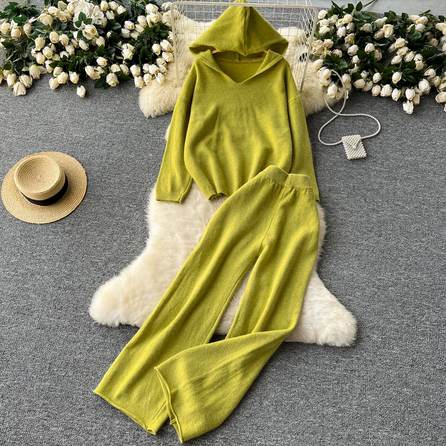 women knit 2 piece sets women outfit new machting trousers set soft warm hooded sweater+solid pants matching suits for woman