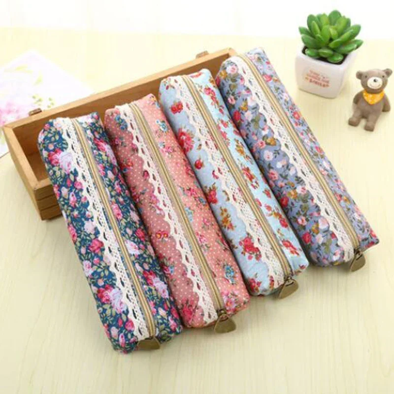 Fresh Canvas Retro Style Lace Fringe Little Flower Dot Multi-function Zipper Pencil Bag Student Gift Stationery Storage Bag
