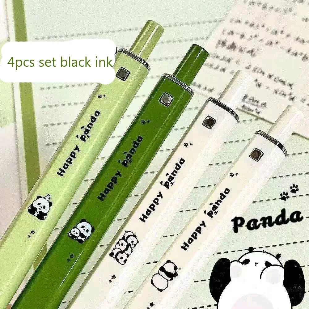 Kawaii Panda Square Gel Pen, Segure Canetas Estéticas, Tinta Preta de Secagem Rápida, Material Escolar, Papelaria Japonesa, 4Pcs