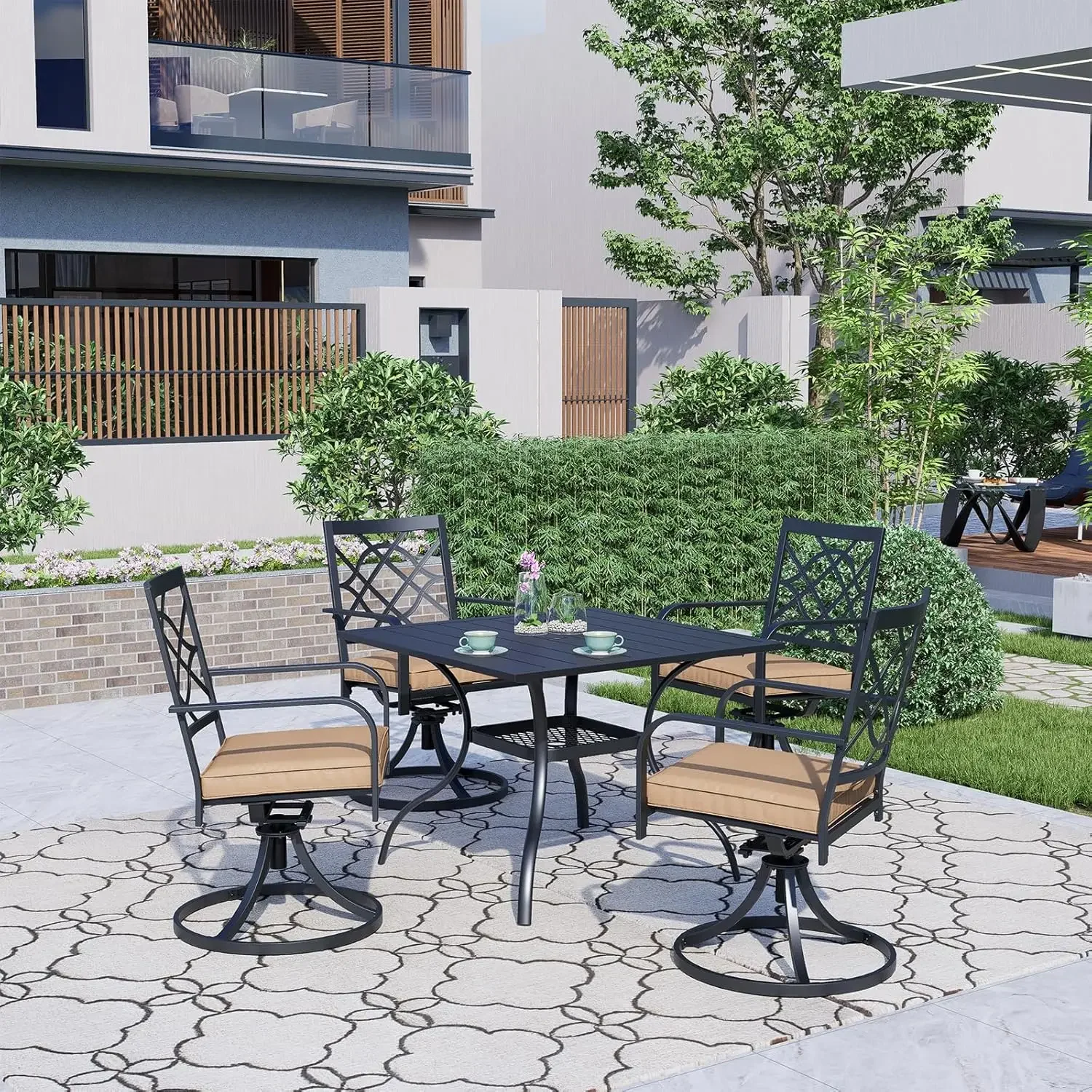 Outdoor Patio Furniture Outdoor Dining Set, 4 Metal Swivel Chairs and Square Dining Table with Umbrella Hole