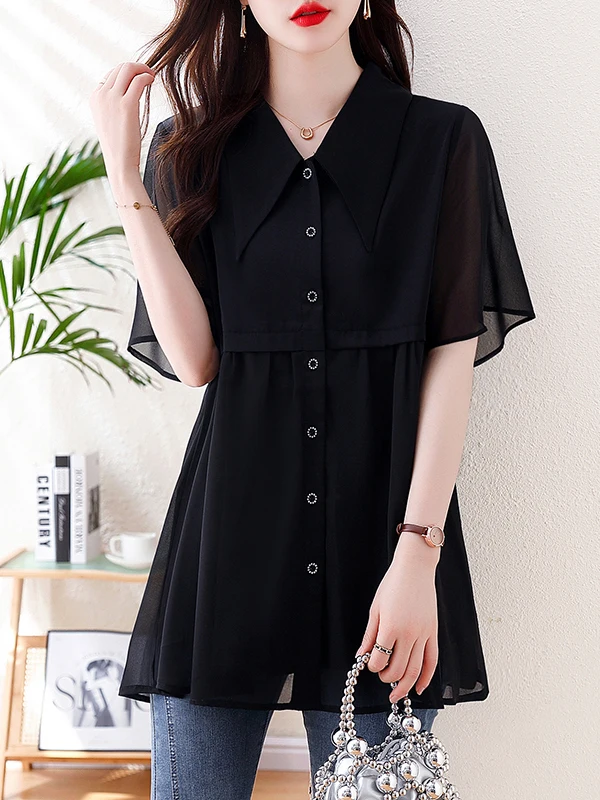 

September Stray Ink 2025 Summer New Design Spliced ort Sve Bla Chiffon Top for plus Size Women Belly Concealing Slimmi...