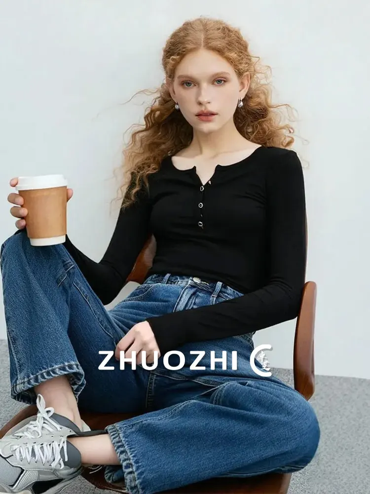 

ZhuoZhi Bla Button, маленькая футболка с v-образным вырезом, женская повседневная футболка с внутренней и внешней частью, осенняя новинка, Sle для поездок на работу