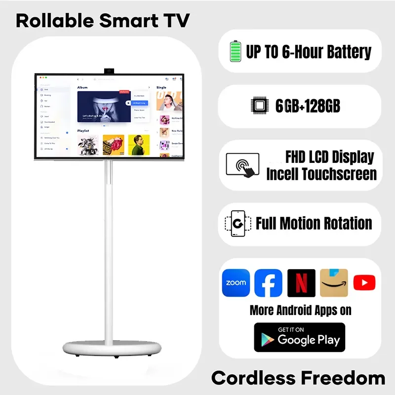 JEESTON 스마트 태블릿 27 인치 휴대용 스마트 TV Android13 IPS 터치 스크린 높이 조절 가능 100WH 배터리 작업 시간 6-8 시간