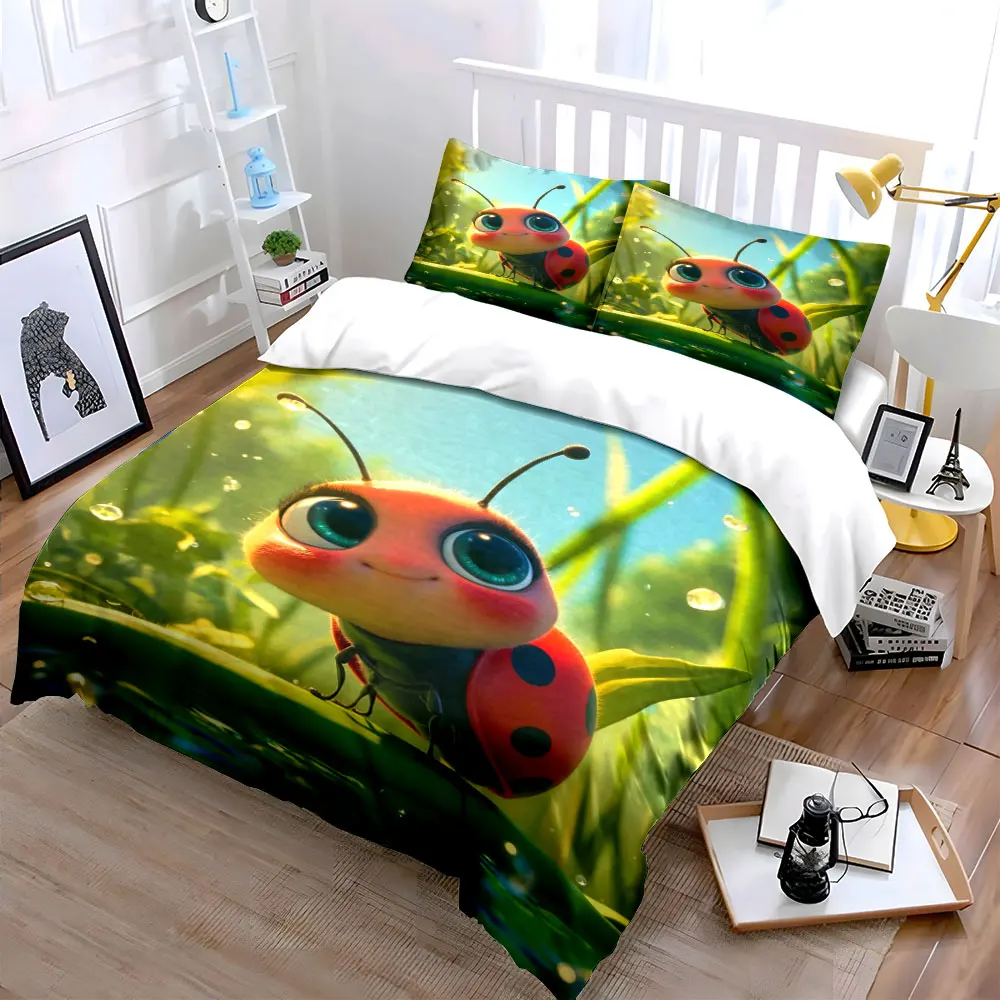 Smiling ladybug with morning dew Print Bedding Set 1 Duvet Cover 2 Pillowcases for Adult and Children Luxury Gift Full Size