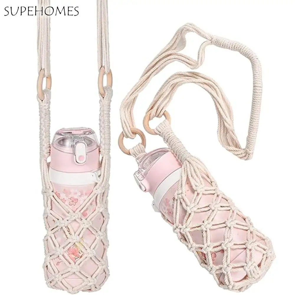 

Bohemian Hanging Bottle Net Bag Hollow Out Hand-woven Knitting Water Bottle Holder Cotton Rope Handmade