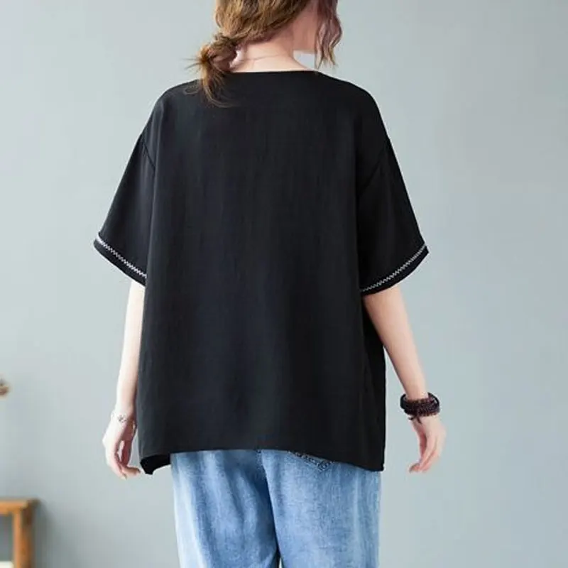 Casual Short Sleeve Pullovers Summer Thin All-match O-Neck Female Clothing Stylish Bright Line Decoration Loose Spliced T-shirt