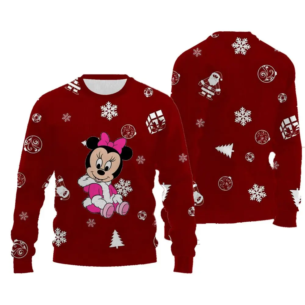 

Christmas New Style Casual Female Red Sweater with Disney Cartoon Pattern Printed Long Sleeves Comfortable Pullover for Women