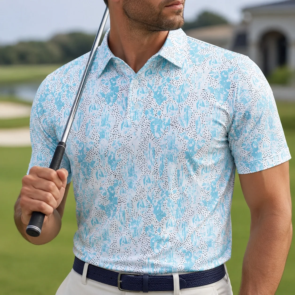 Men Blue Printed Golf Polo Shirt Short Sleeve Quick Dry Breathable Stretch Sportswear Casual Outdoor Golf Shirt Ready Stock