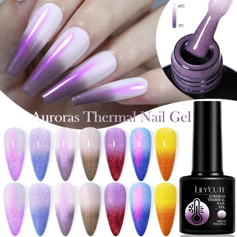 LILYCUTE 7ML Auroras Thermal Gel Nail Polish Semi Permanent Nail Art Glitter Ultra-Thin Temperature Colors Changing UV Gel