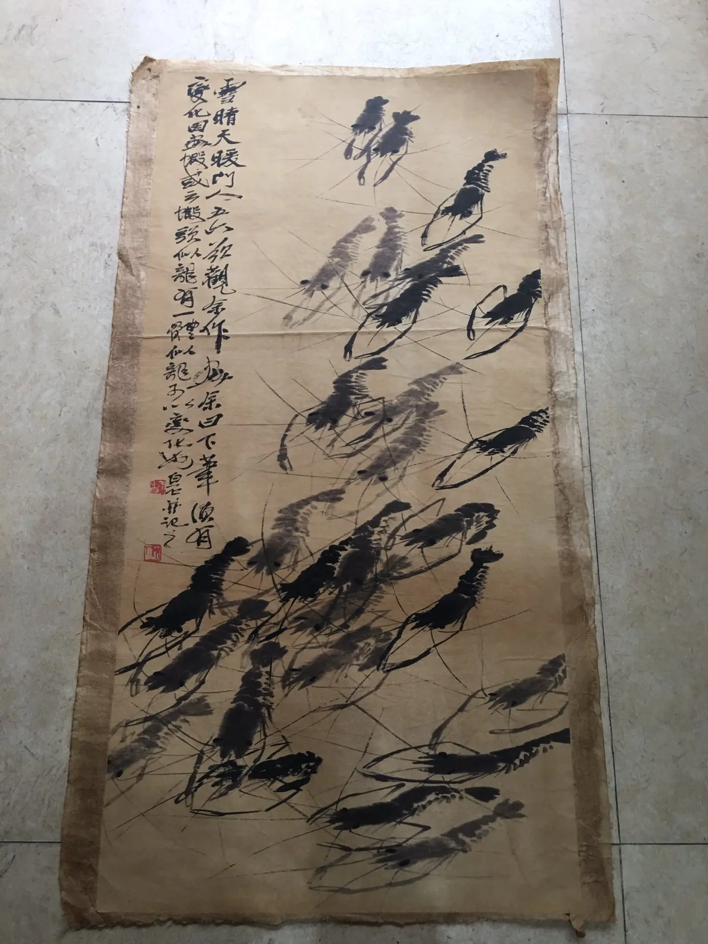 

Old Chinese painting scroll "Qi Baishi shrimp" painting paper slice