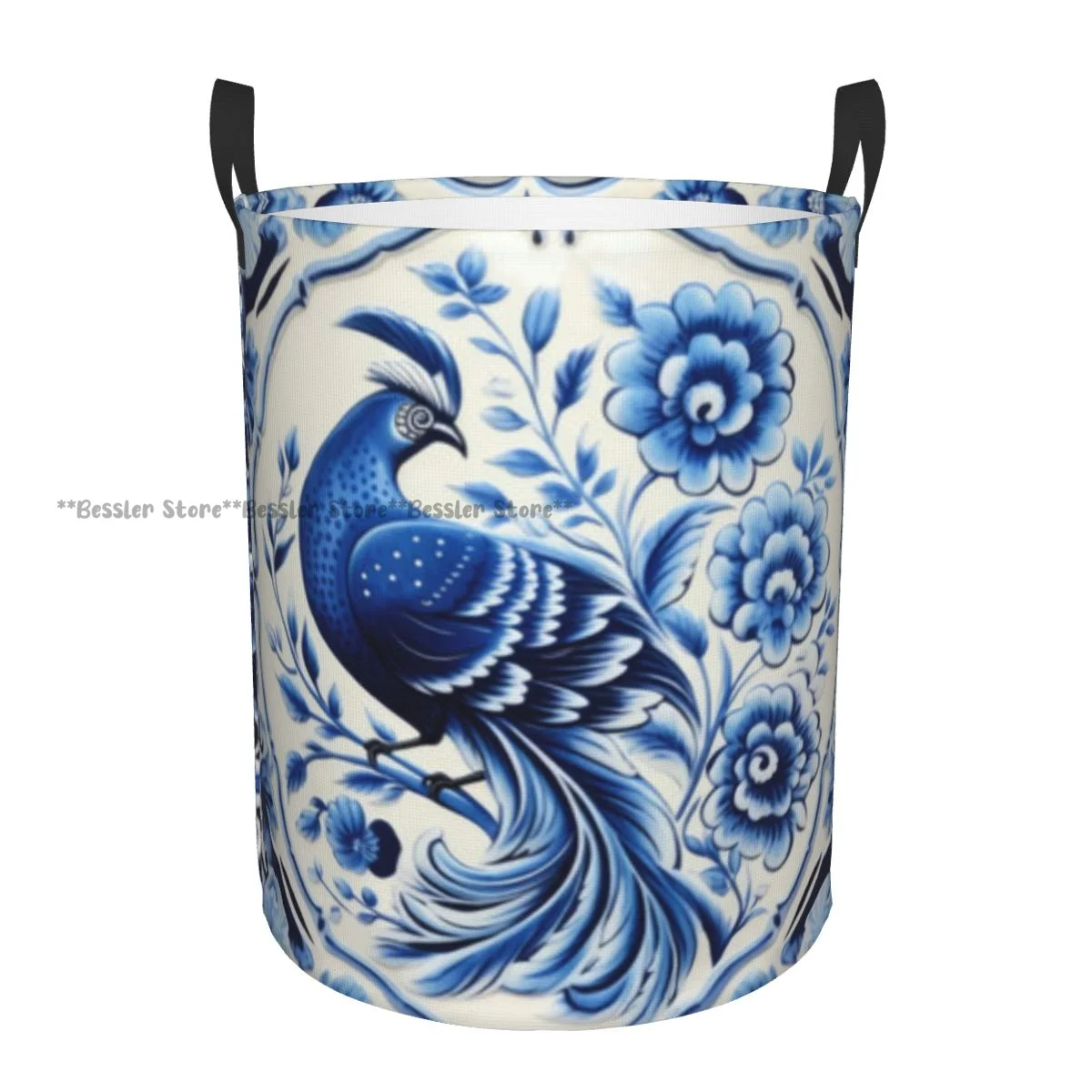 Porcelain With Peacock Pattern Waterproof Storage Bag Household Dirty Laundry Basket Folding Clothes Organizer