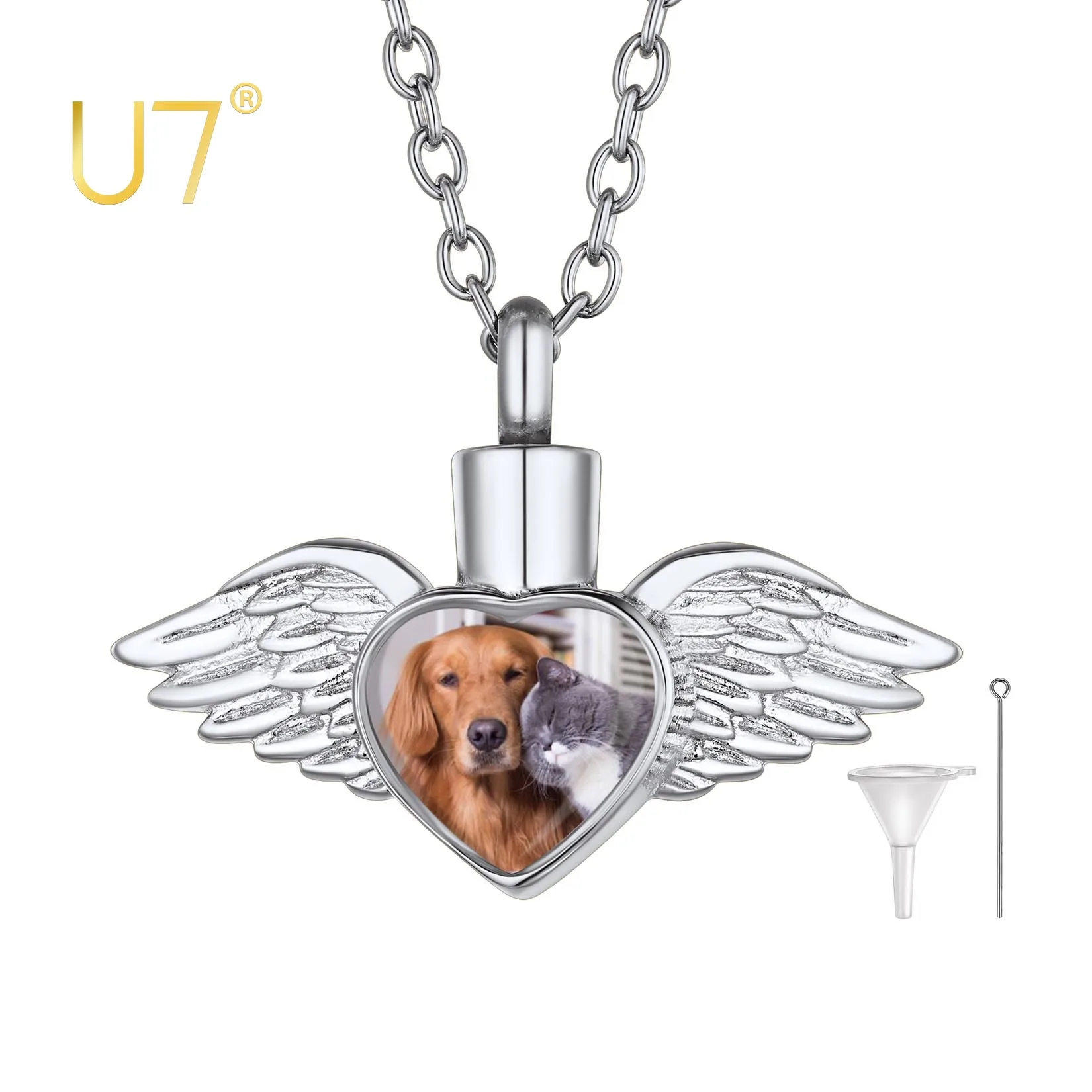 U7 Stainless Steel Chain Custom Photo Angel Wing Heart Cremation Jewelry Urn Necklace for Men Women Memorial Gift