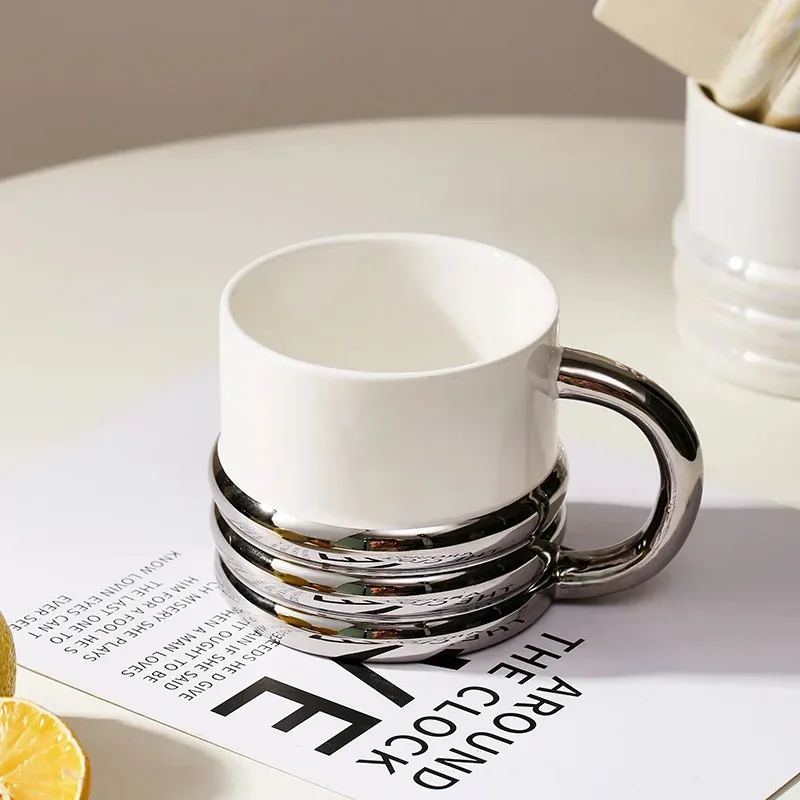 

Electroplated Silver Coffee Mugs With Saucer Tea Cup Water Drinking Cups Dessert Dish Breakfast Milk Mug With Tray