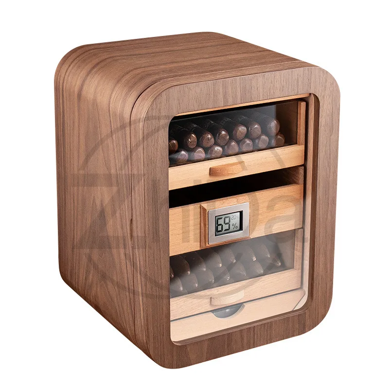 Black Walnut Cigar Humidor, Cedar Wood 3-Layer Large Capacity Humidor with Perspective Window