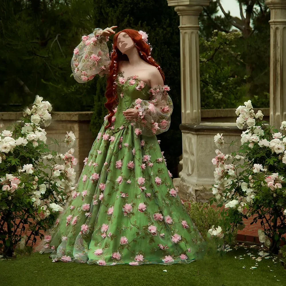 Vestido de fiesta de flores verdes en 3D, vestidos florales sin tirantes a la moda, vestido elegante hasta el suelo, vestido de fiesta de noche para mujer 2024