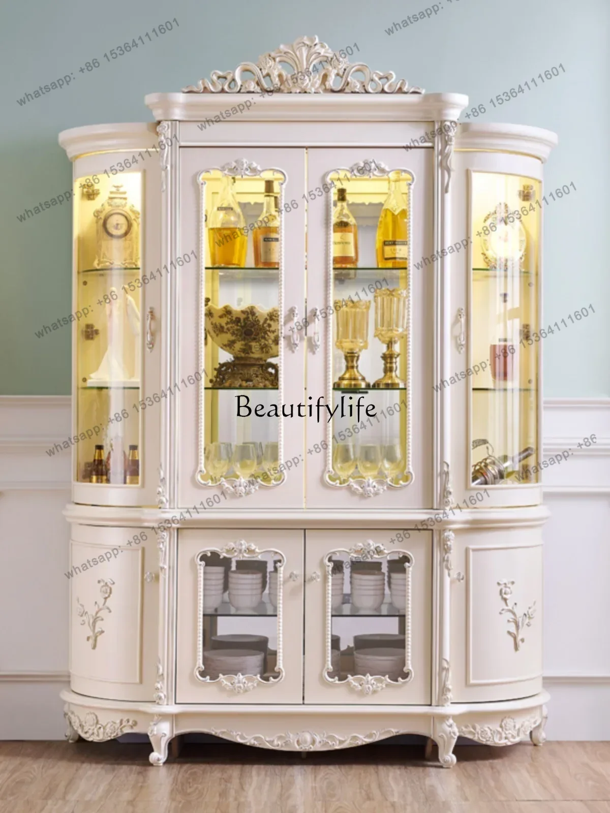 FG European-Style Wall Home Living Room Glass Display Luxury Curio Cabinet Locker with Door