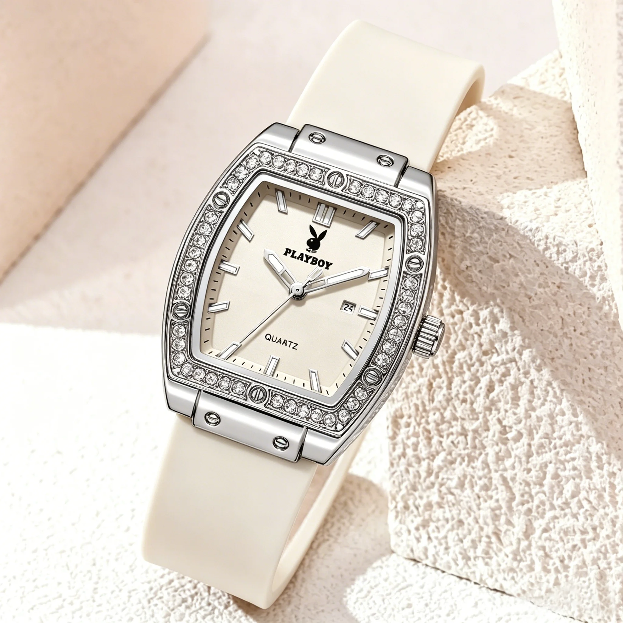 PLAYBOY Luxury Original Woman Watches Tonneau Quartz Wristwatch Waterproof Luminous Silicone Strap Ladies Wristwatch Reloj 3146