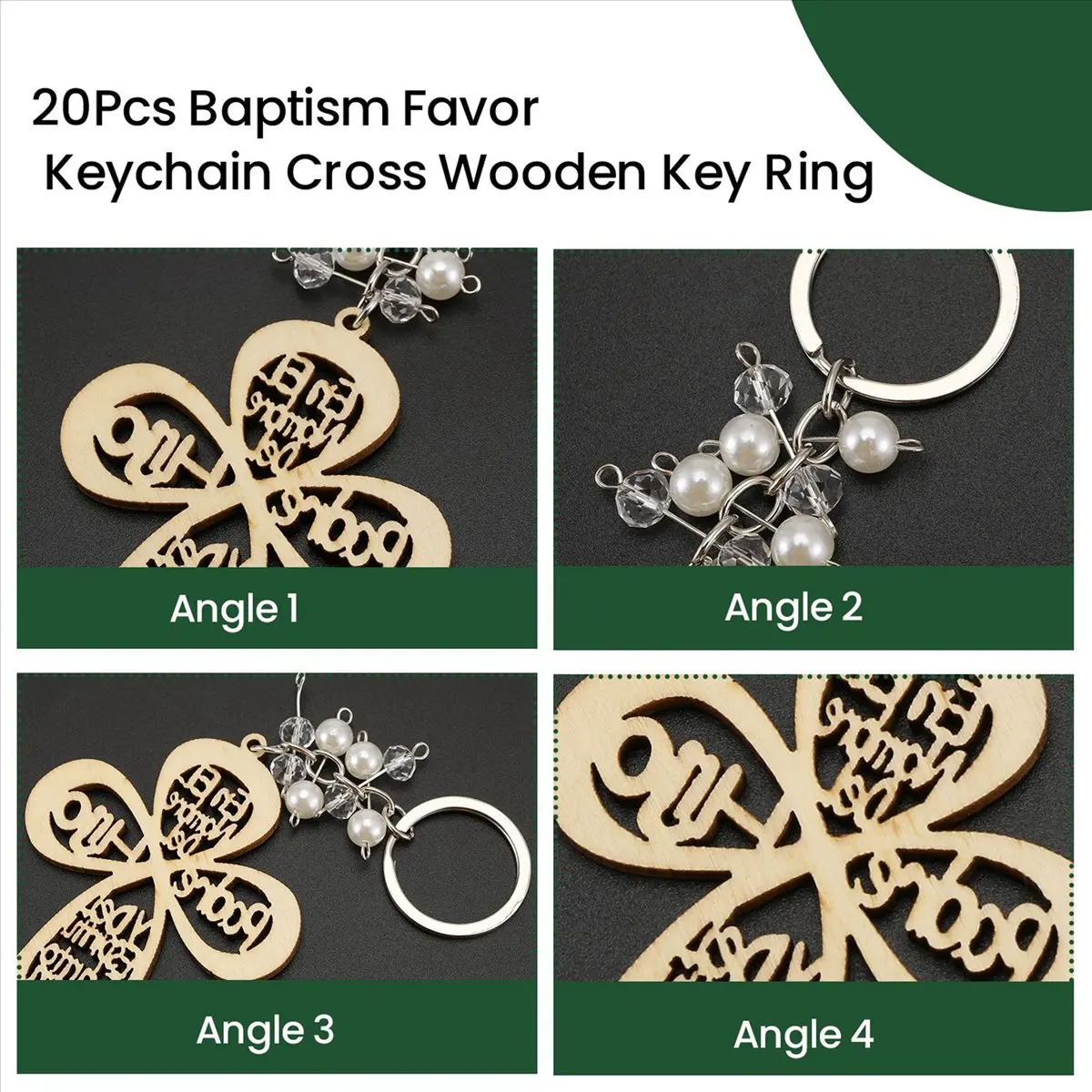 A62Z 20Pcs Baptism Favor Keychain Cross Wooden Key Ring Christening Wood Design Key Ring with Bag for First Communion