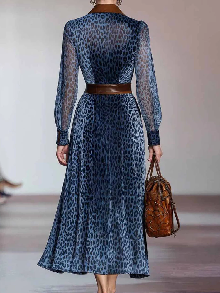 Women Autumn Long Sleeve Casual Maxi Dress Turn Down Collar Elegant Fashion Party Dress Office Lady Retro Printing Dress Vestido