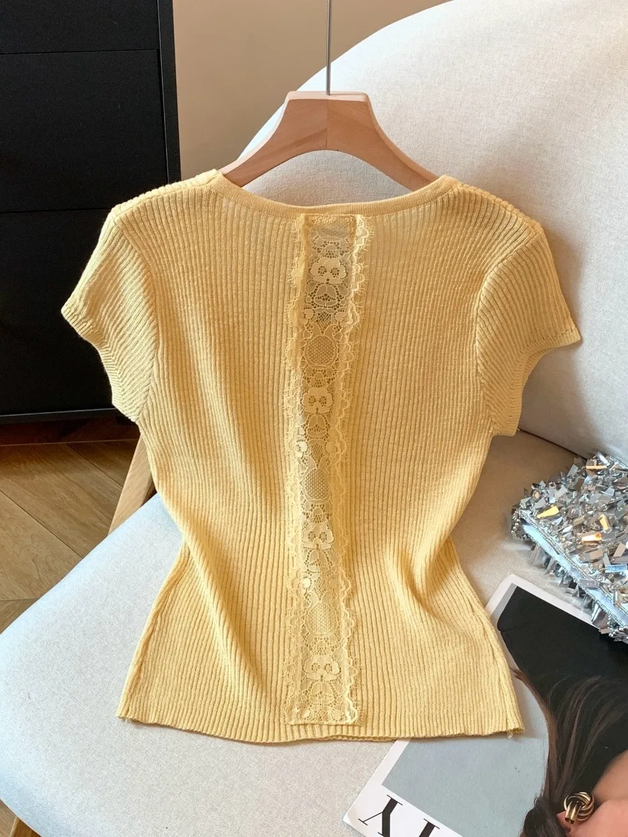 

Женская трикотажная футболка из ледяного шелка ort Sve Ba Hollow Design, лето 2023, новый топ маленького размера, корейский облегающий крой