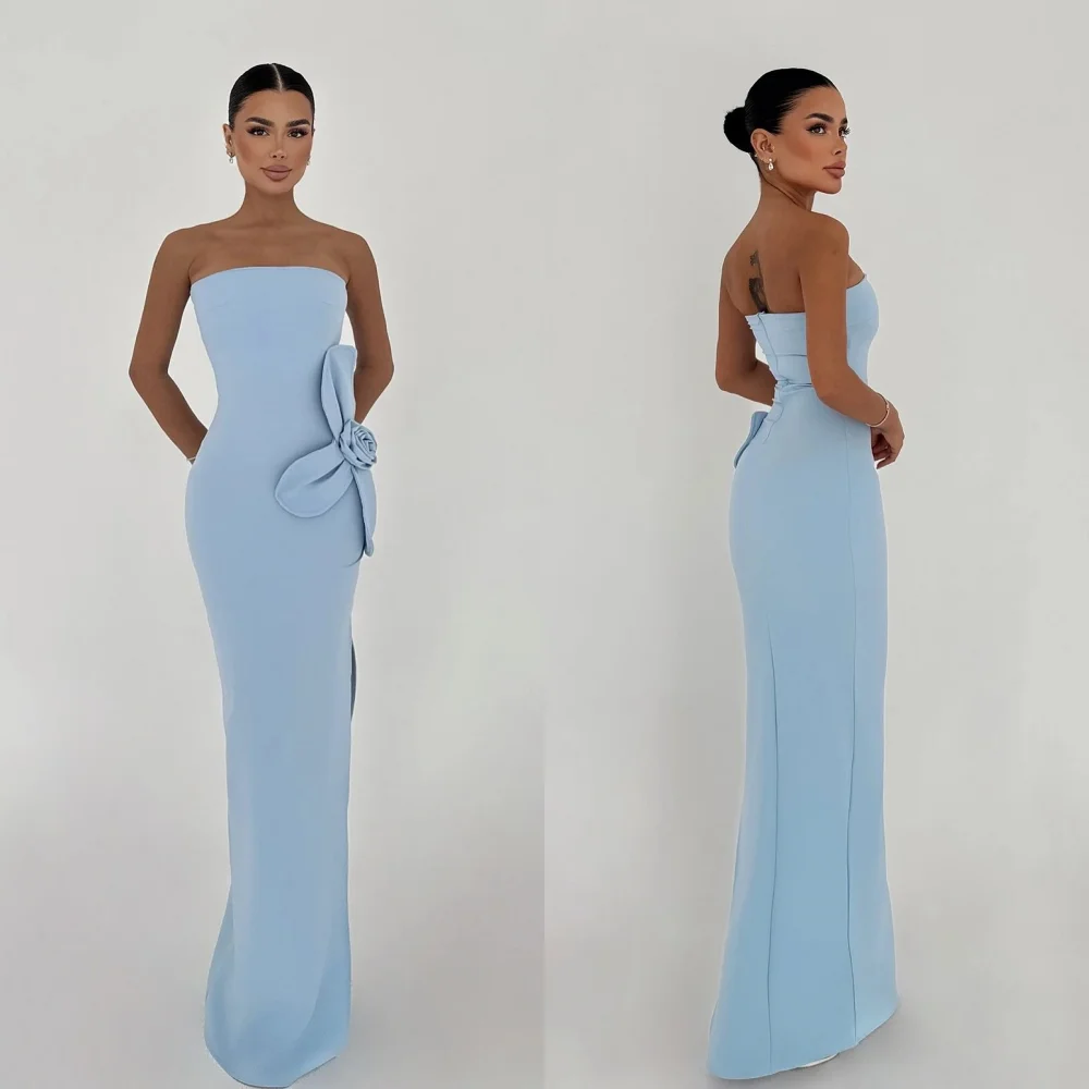 

Customized Women Party Gown Jersey Applique Flower Strapless Sheath Long Dresses Bespoke Occasion Fashion Simple Sexy