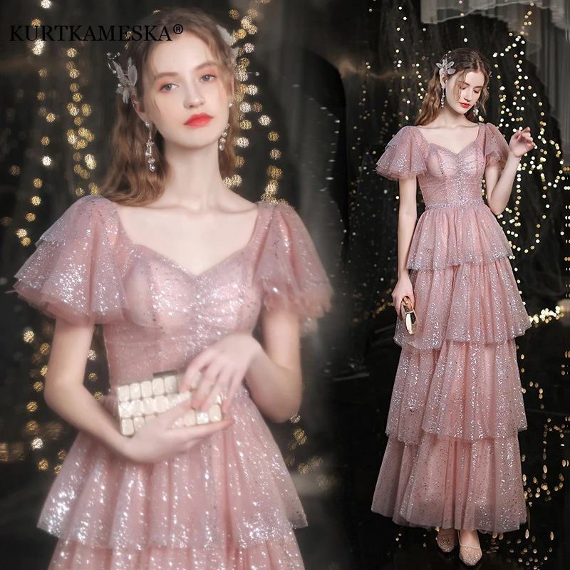 Robe de mariée à paillettes en satin rose français pour femmes, manches bouffantes minces, longue robe de soirée de Rh, élégante robe de mariée de luxe, sexy et éducative