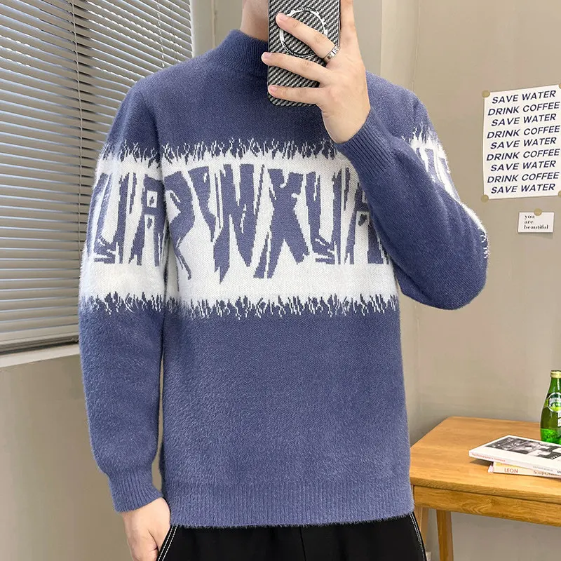 

2025 Autumn New Men's Thiened round Ne f High Ne Sweater Warm Knitted irt Casual Sle Comfortable Breathable Elastic