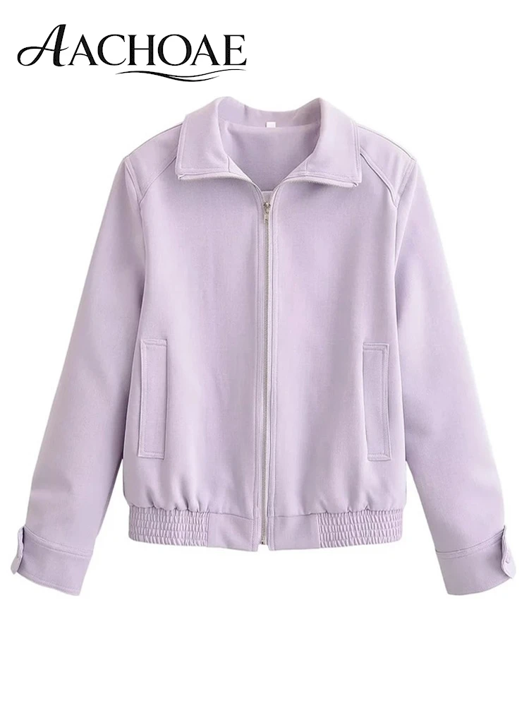AACHOAE Women Stand Collar Jacket Zip Up Cropped Coat Minimalist Loose Long Sleeve Elastic Hem Casual Outerwear Streetwear