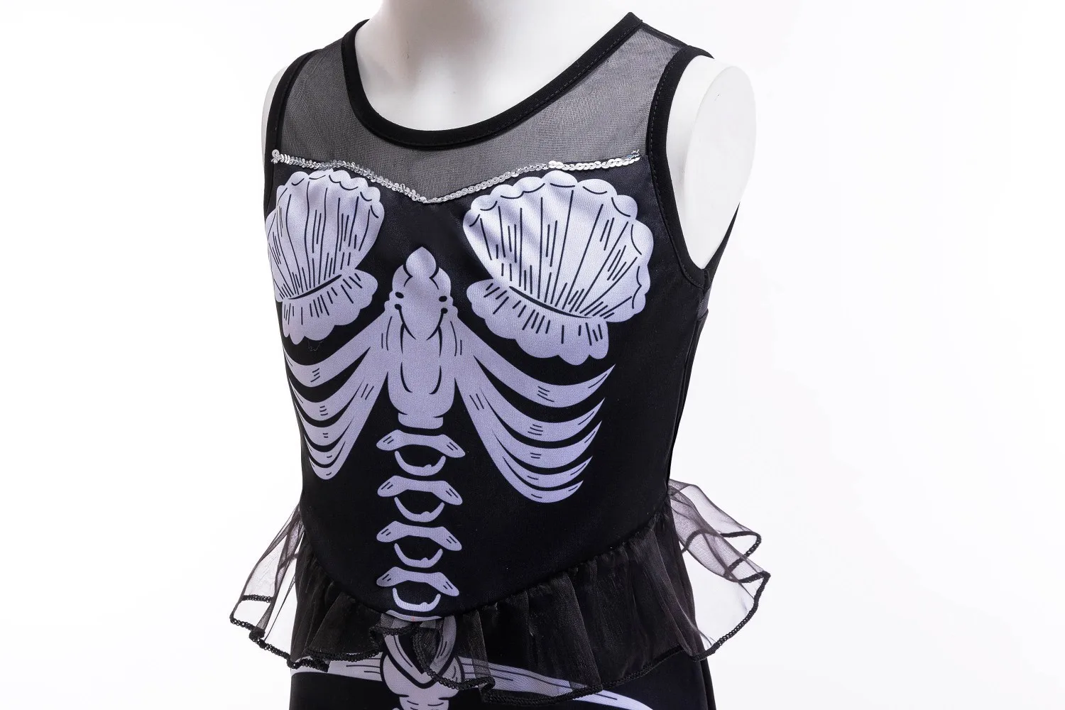 عيد الميلاد وعطلة الهالوين هيكل عظمي جديد ليتل ميرميد أسود بدون أكمام فستان الأميرة ارييل هيكل عظمي مجموعة فستان ذيل السمكة