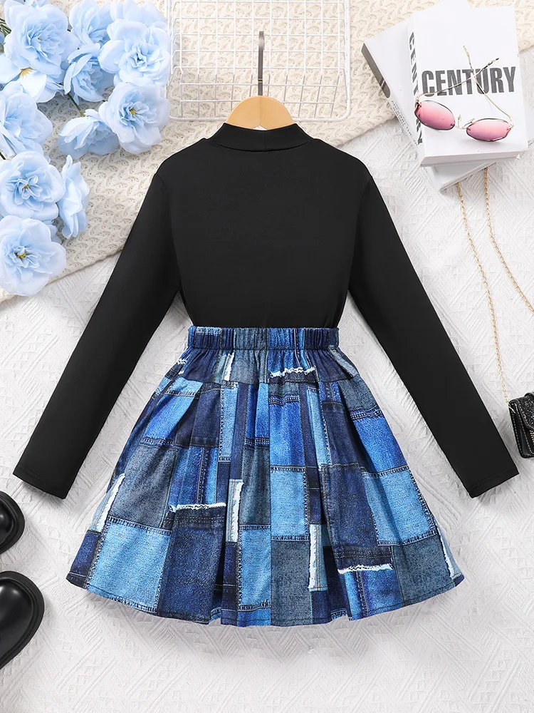 Spring And Autumn Leisure Cute Girl Big Boy Middle High Collar Printed Long Sleeve&Checkered Half Skirt Two Piece Set