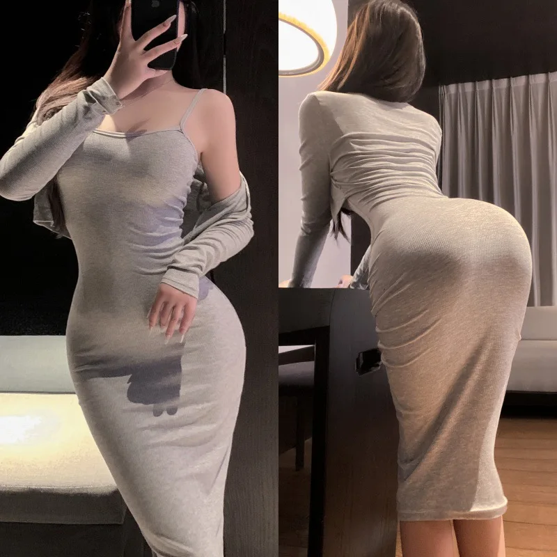 Abito lungo sottile sexy Top T Shirt Tinta unita Nuovi abiti in due pezzi Abito aderente con scollo basso Elegante desiderio puro Stile coreano