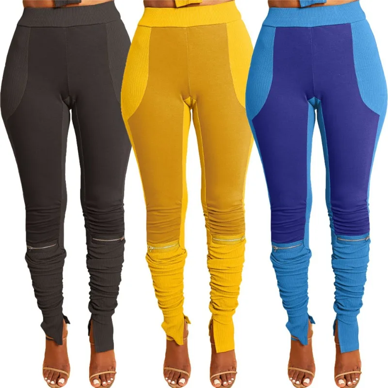 

Color Patchwork Women Skinny Pencil Pants High Waist Zipper Slit Stacked Pants 2023 Fall Winter Fitness Workout Jogging Bottoms