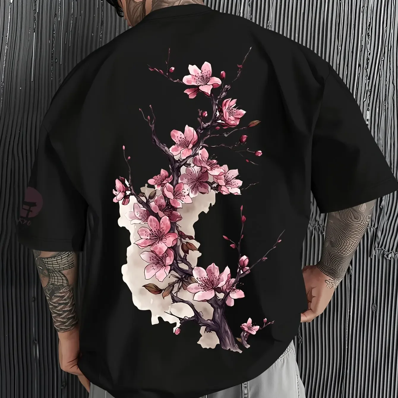 Japanese Ink Cherry Blossom Graphic T Shirt Men Vintage Sakura Art Cotton Short Sleeve Oversized Loose Streetwear Casual Tops