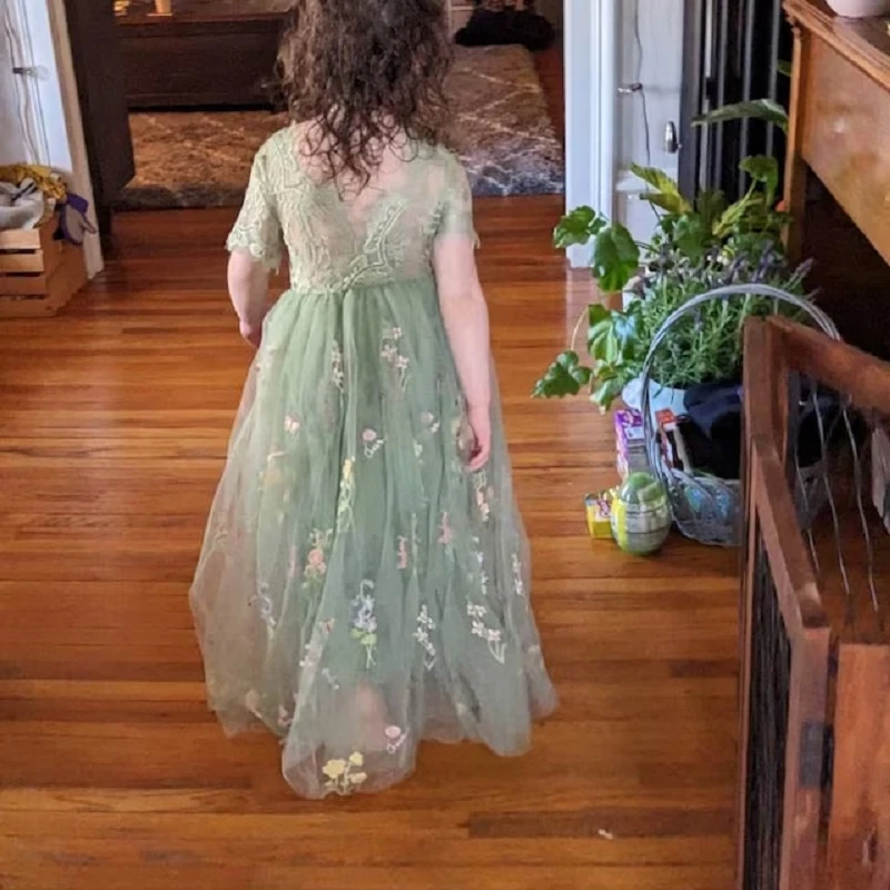 Embroidered Flower Girl Dress Boho Bridal Long Sage Green Lace 3/4 Sleeves Bohemian Beach Rustic Style Kids Wedding Party Dress