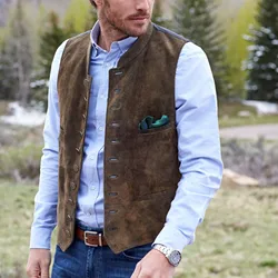 Men Vest Brown Frosted Velvet Suit Vest Daily Casual Style Waistcoat Round Neck Single Breasted Sleeveless Male Jacket