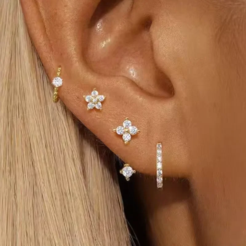 4 pièces mode Zircon rond cerceau boucle d'oreille ensemble femmes tempérament fleur oreille Stud Huggie boucle d'oreille Tragus Piercing Cartilage bijoux