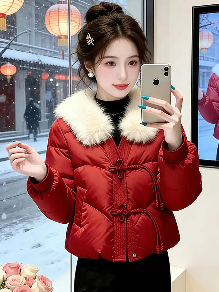 

Warmth ort Red down Cotton Jaet Women Winter New Sle Faux Fur Collar Design Sense Outerwear New Year's Outfit