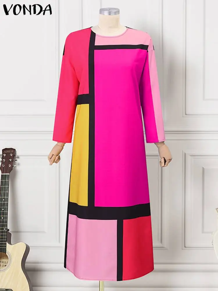 2024 VONDA Bohemian Long Maxi Dress Women Summer Oversized 3/4 Sleeve Casual Loose Sundress Fashion Color Patchwork Party Robe