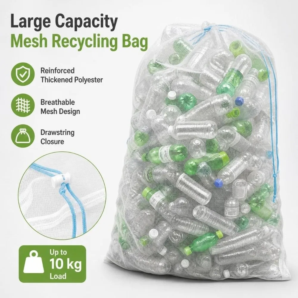 Polyester Bottle Bag Reinforced Mesh Thickened Construction Mesh Recycling Bag Drawstring Closure Plastic Bottle Recycling