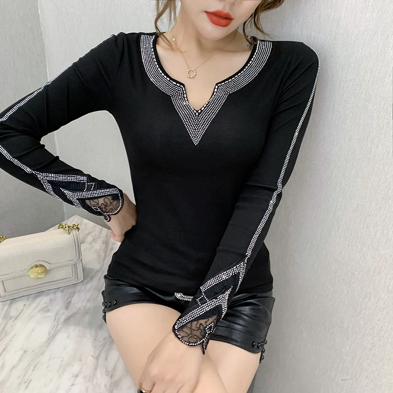 Black Korean Style Fall Winter T-Shirt Women Chic Sexy V-Neck Patchwork Shiny Diamonds Tops Long Sleeve Drill Tees 2024 New 4725