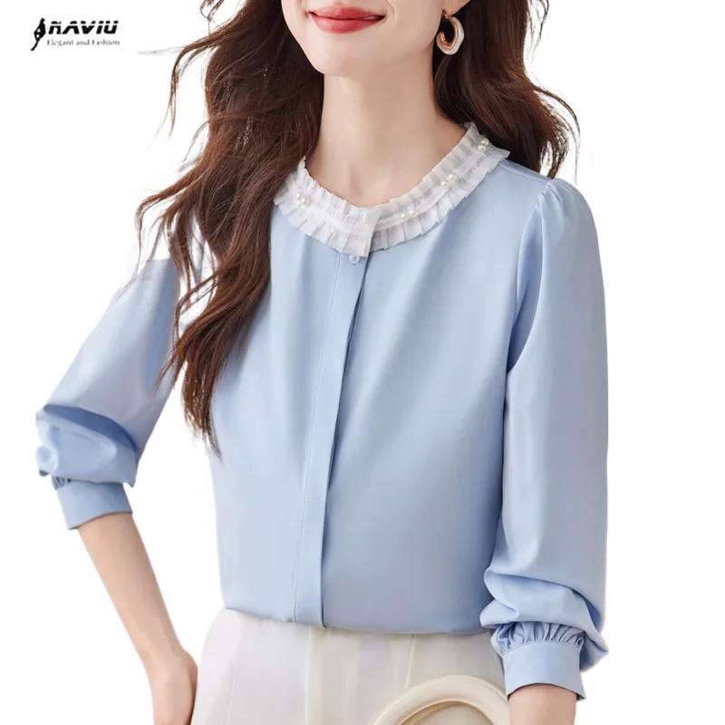 NAVIU Elegant Fashion Lace O Neck OL Tops 2024 Spring  Long Sleeve Chiffon Shirt Single breasted Women Blouses Blue White