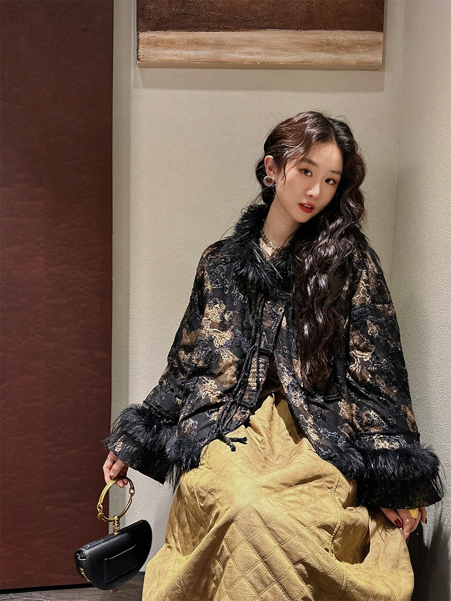 

New Chinese Sle down Jaet Women's Bla Flower Patterned Padded Coat Warm Thiened Nylon Fabric Mid-Length Loose Fit