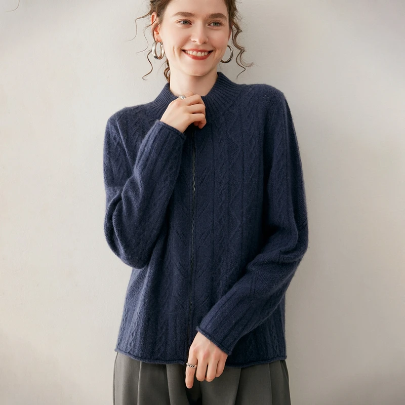 

Women's Half-High Neck Zip Cardigan 100% Cashmere High-Quality Classic Sweater Autumn Winter Casual Fashion Knit Coat Clothing