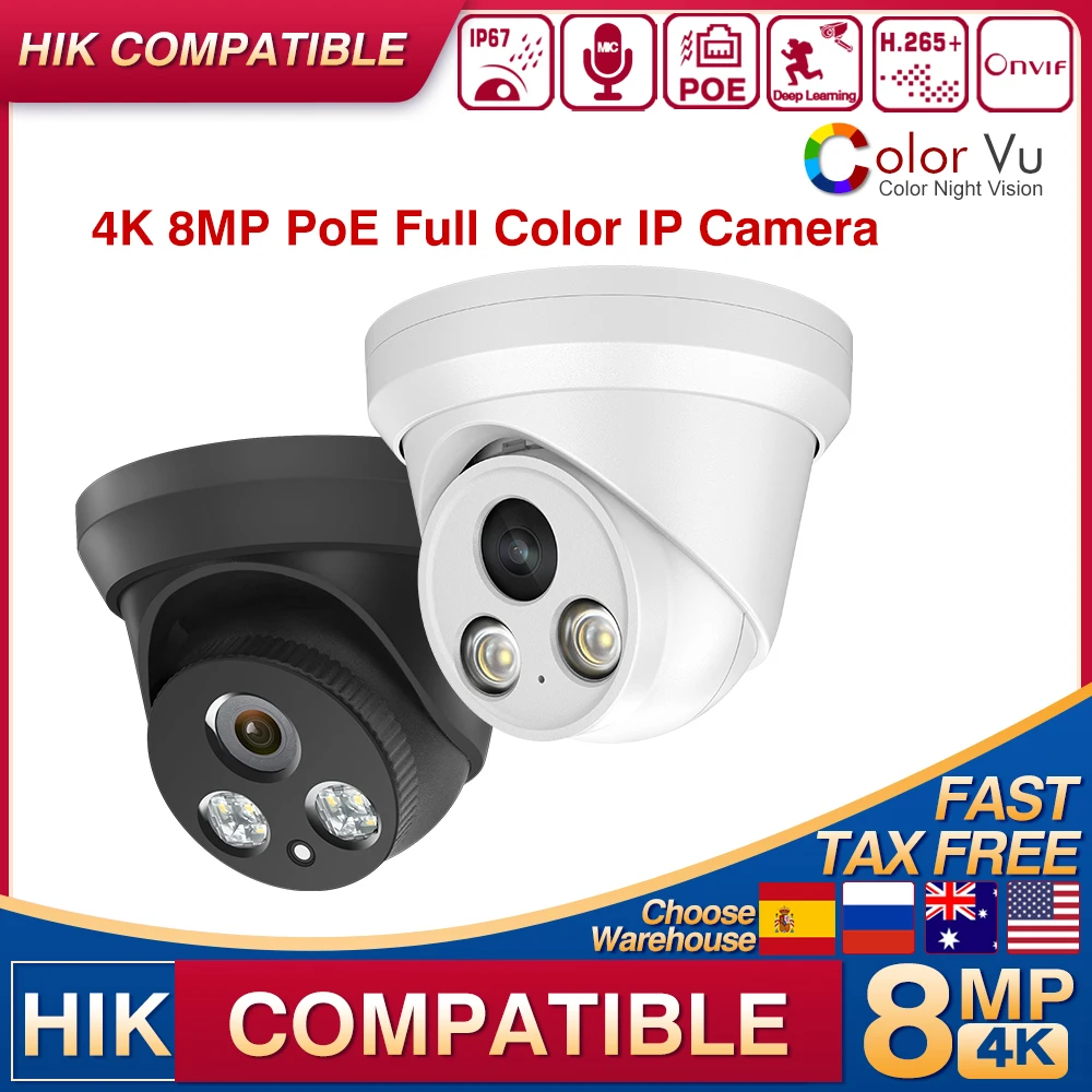 

Hikvision Compatible 4K 8MP Full Color Night Vision IP Camera IP67 Plug&Play with HIK NVR Onvif Protection CCTV Camera