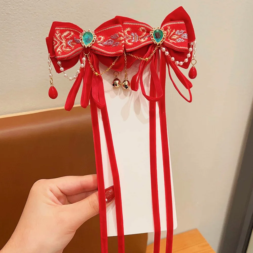 

Ancient Style Children's New Year Hairpin Princess Wig Braid New Year Bow Hairpins Ribbon Tassels Red Girls Hanfu Headwear Kids