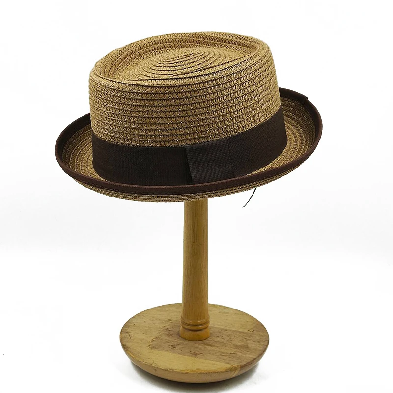 Small Top Hat Curled Men\'s and Women\'s Straw Hat Pork Pie Hat 2024 New Sun Hat Summer Beach Hat Gentleman Hat Bow Accessories