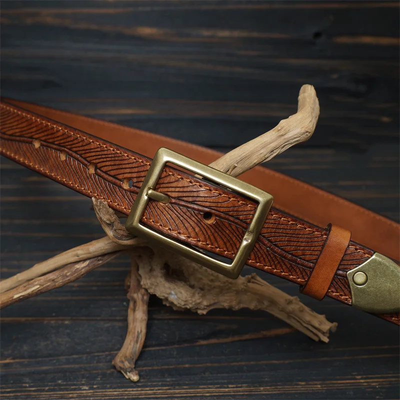 

Men's 3.3 wide engraved double-sided top-grain cowhide belt with solid brass buckle, thick men's belt